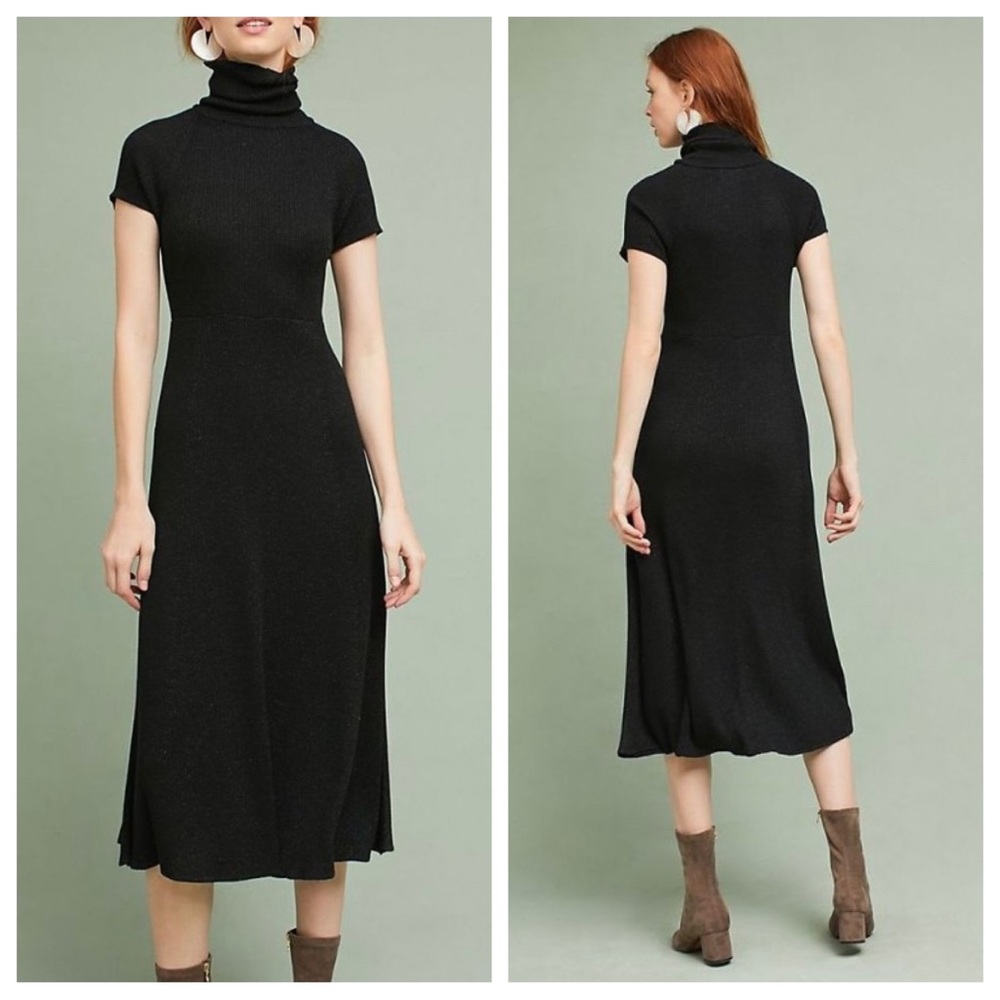 maeve - metallic knit turtleneck midi dress short-sleeve ribbed mock neck